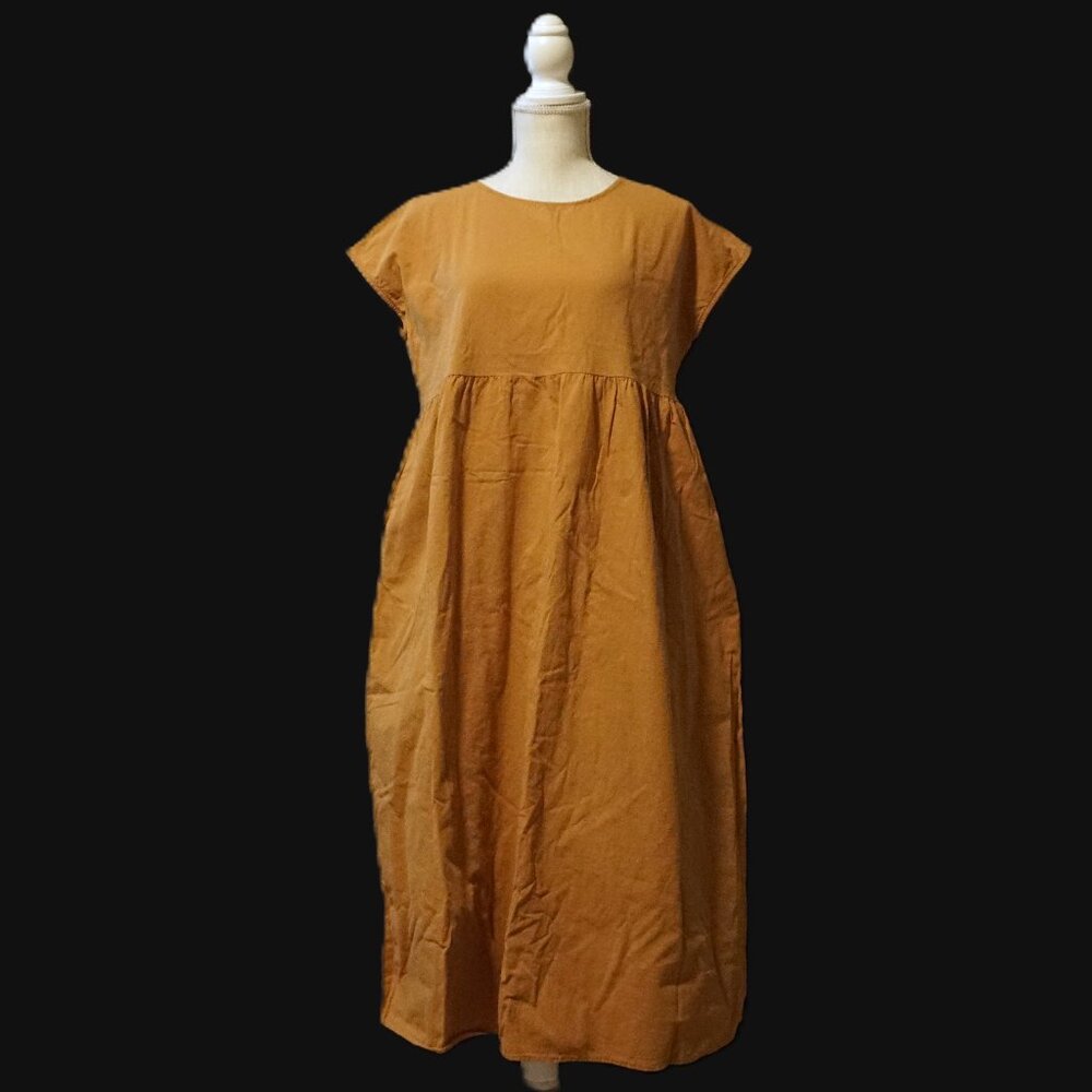 Mustard Goldenrod Cap Sleeve Empire Waist Seam A Line Skirt Baby Doll Dress Lg